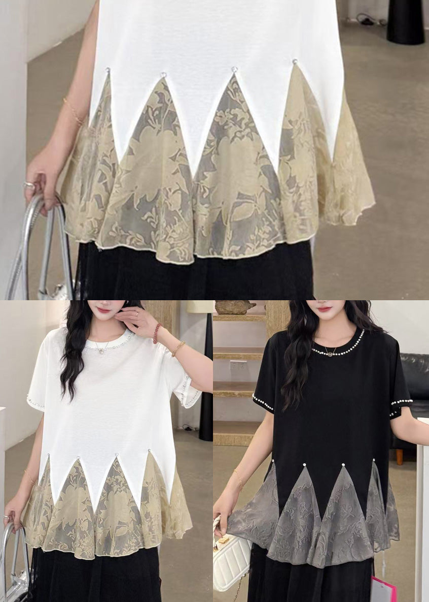 Elegant White Oversized Patchwork Tulle Tops Summer