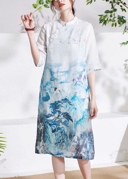 Elegant White Patchwork Button Print Summer Ramie Mid Dress Half Sleeve - SooLinen