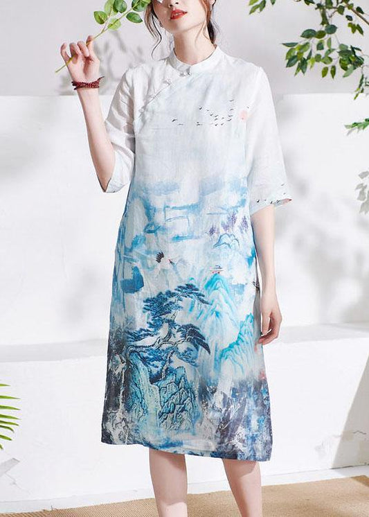 Elegant White Patchwork Button Print Summer Ramie Mid Dress Half Sleeve - SooLinen