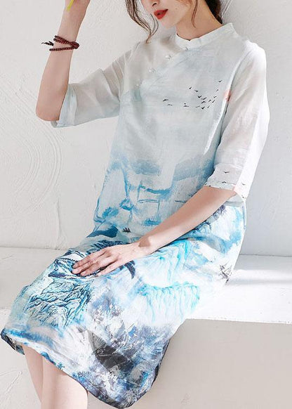 Elegant White Patchwork Button Print Summer Ramie Mid Dress Half Sleeve - SooLinen