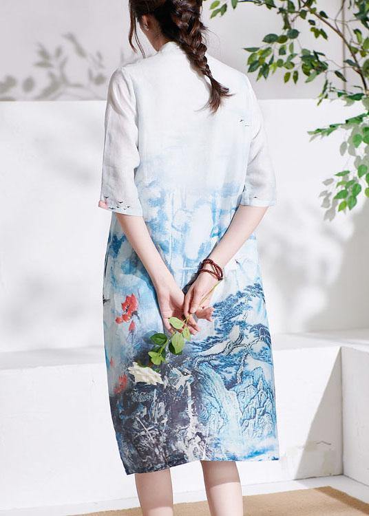 Elegant White Patchwork Button Print Summer Ramie Mid Dress Half Sleeve - SooLinen