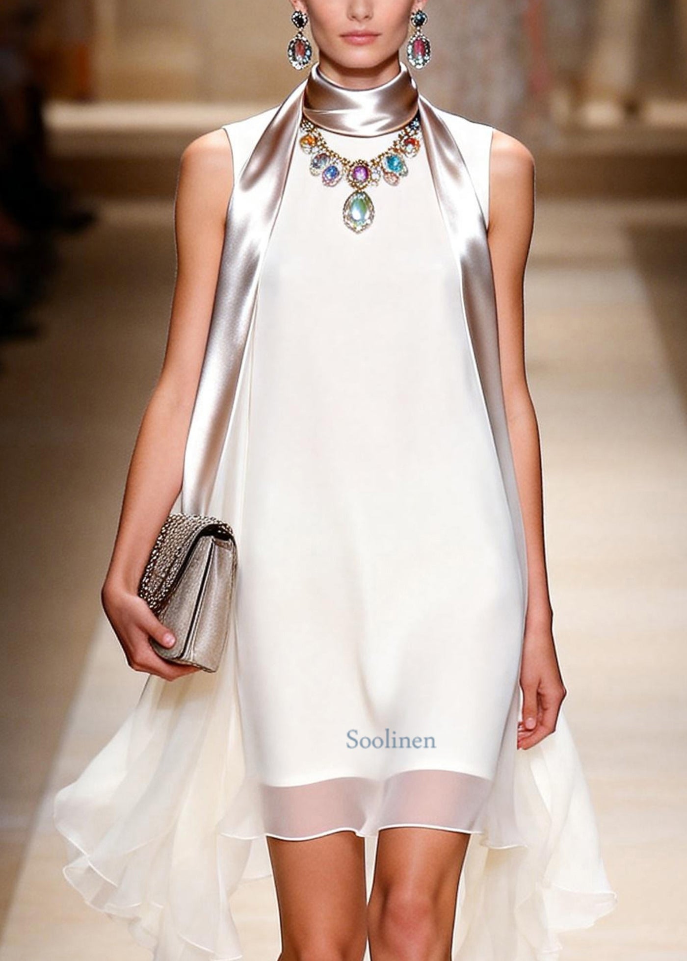Elegant White Patchwork Exra Large Hem Chiffon Party Dress Sleeveless