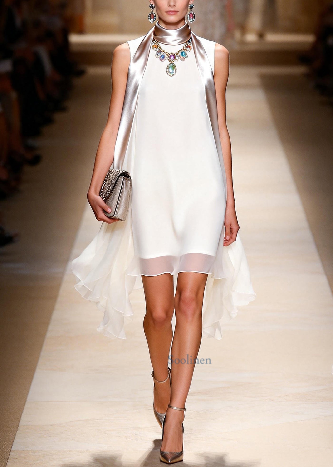 Elegant White Patchwork Exra Large Hem Chiffon Party Dress Sleeveless