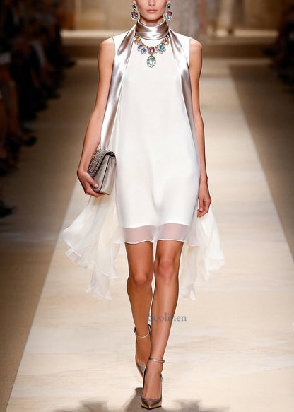 Elegant White Patchwork Exra Large Hem Chiffon Party Dress Sleeveless