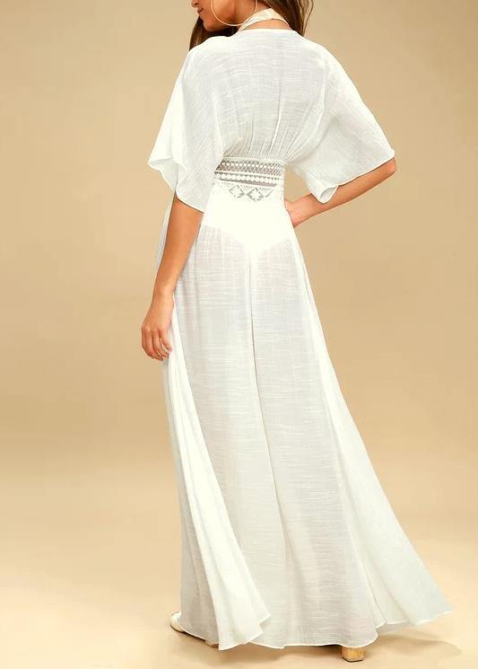 Elegant White Patchwork Hollow Out kimono robe Long Summer Cotton - SooLinen
