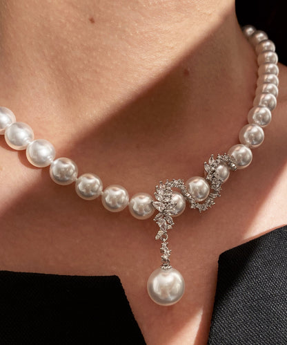 Elegant White Pearl Dragon Pattern Pendant Zircon Silver Choker