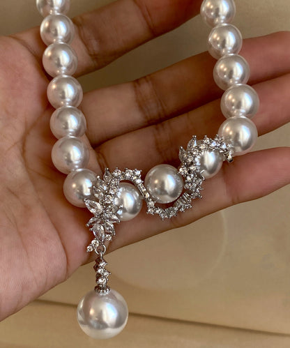 Elegant White Pearl Dragon Pattern Pendant Zircon Silver Choker
