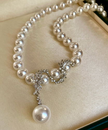 Elegant White Pearl Dragon Pattern Pendant Zircon Silver Choker