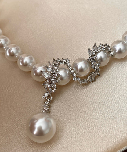 Elegant White Pearl Dragon Pattern Pendant Zircon Silver Choker
