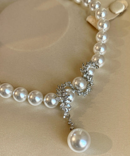 Elegant White Pearl Dragon Pattern Pendant Zircon Silver Choker