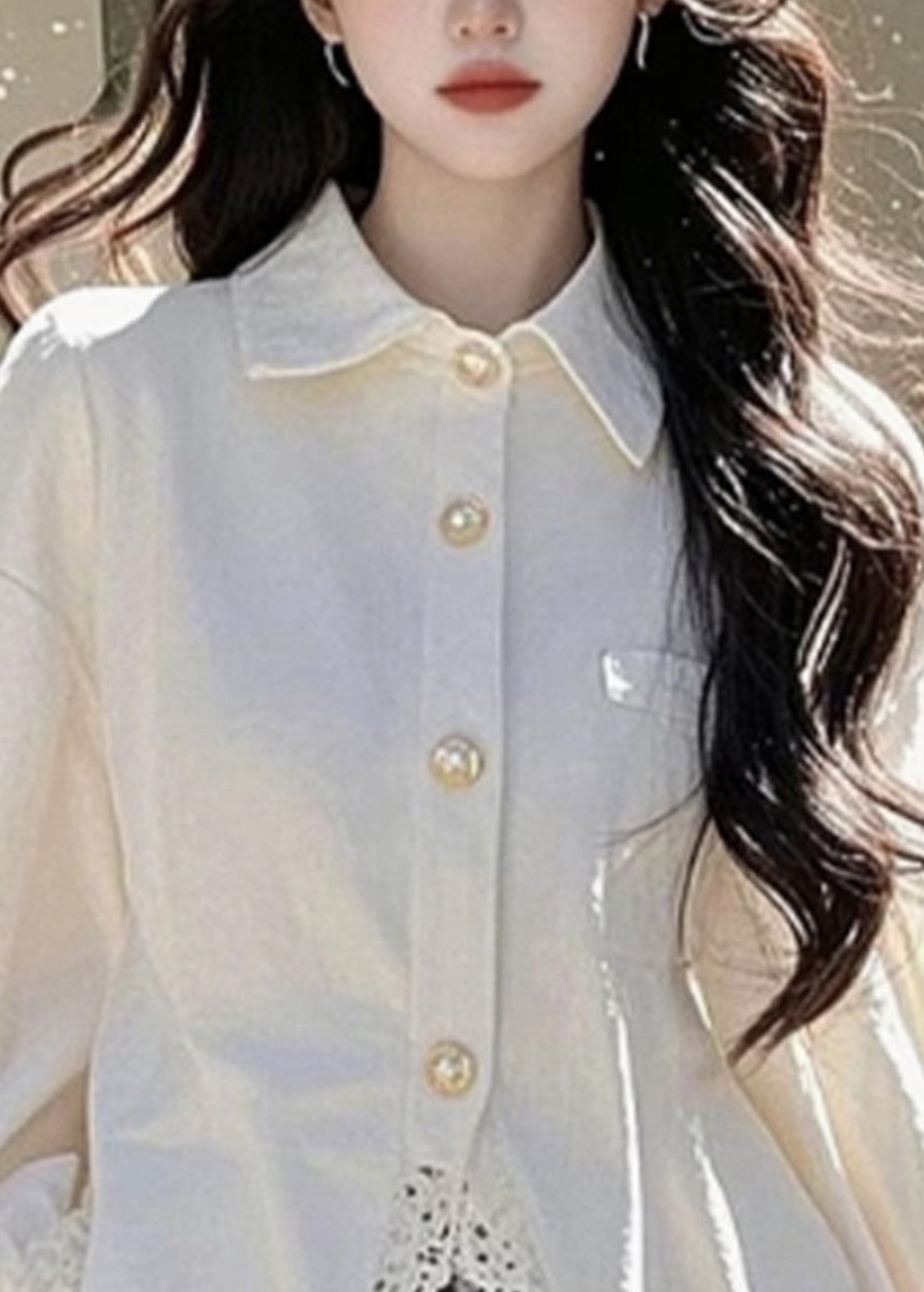 Camisa elegante de algodón blanca con cuello Peter Pan y botones de encaje para primavera