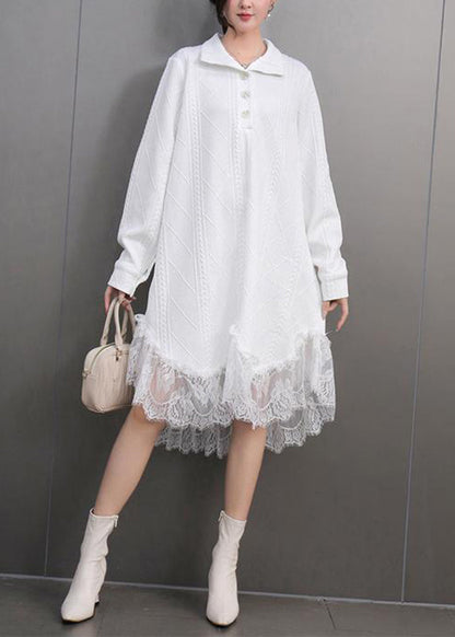 Elegant White Peter Pan Collar Lace Patchwork Long Dress Fall