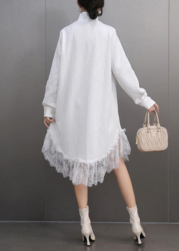 Elegant White Peter Pan Collar Lace Patchwork Long Dress Fall