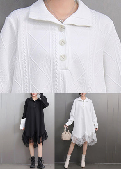 Elegant White Peter Pan Collar Lace Patchwork Long Dress Fall