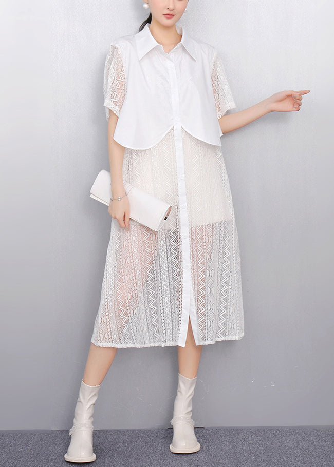 Elegant White Peter Pan Collar Patchwork Lace Shirt Dress Summer