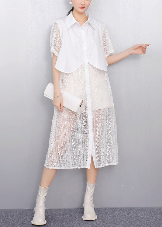 Elegant White Peter Pan Collar Patchwork Lace Shirt Dress Summer