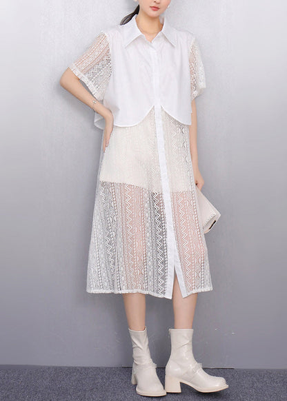 Elegant White Peter Pan Collar Patchwork Lace Shirt Dress Summer