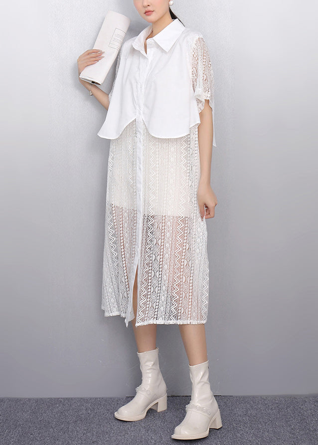 Elegant White Peter Pan Collar Patchwork Lace Shirt Dress Summer