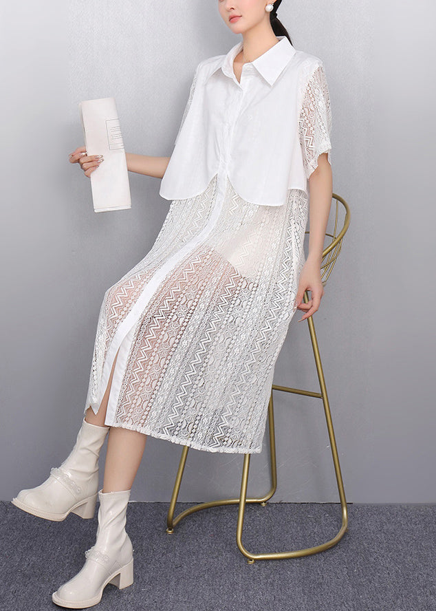 Elegant White Peter Pan Collar Patchwork Lace Shirt Dress Summer