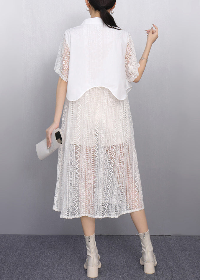 Elegant White Peter Pan Collar Patchwork Lace Shirt Dress Summer