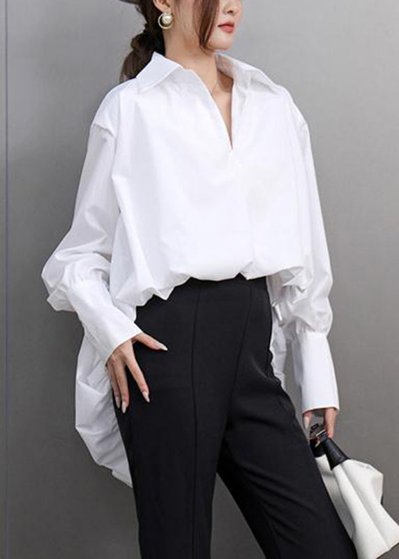 Elegant White Peter Pan Collar Solid Shirt Lantern Sleeve