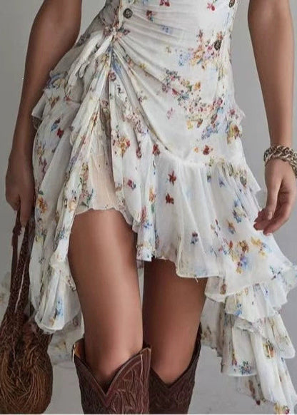 Elegant White Print Asymmetrical Chiffon Vacation Dress Sleeveless