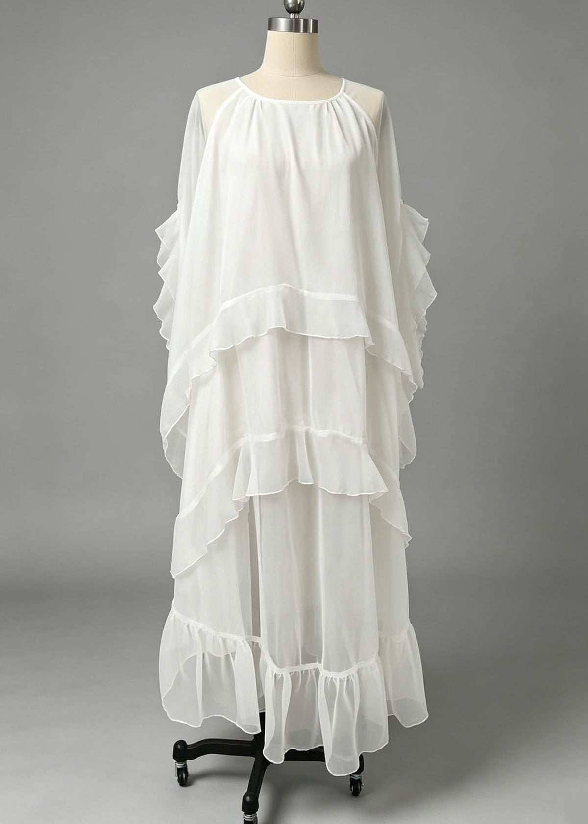 Elegant White Ruffled Patchwork Maxi Dress Lantern Sleeve