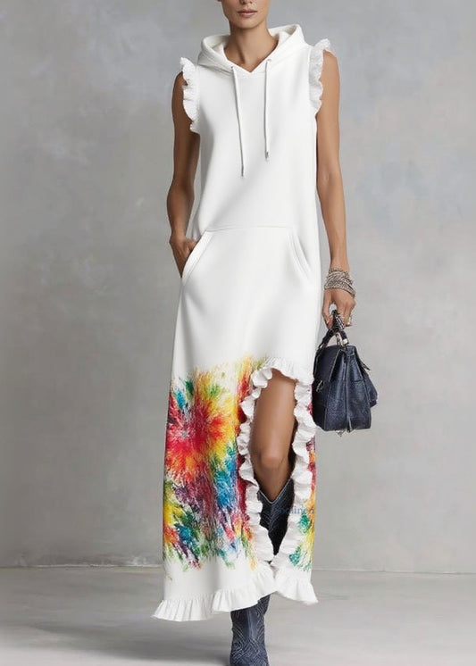 Elegant White Ruffled Print Drawstring Vacation Hooded Dresses Summer