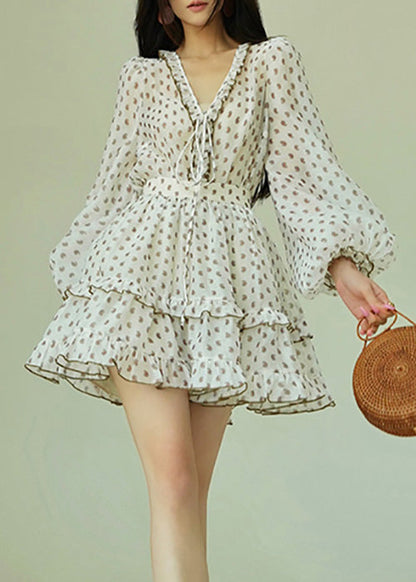Elegant White Ruffled Print Shirts And Skirts Chiffon Two Piece Set Spring