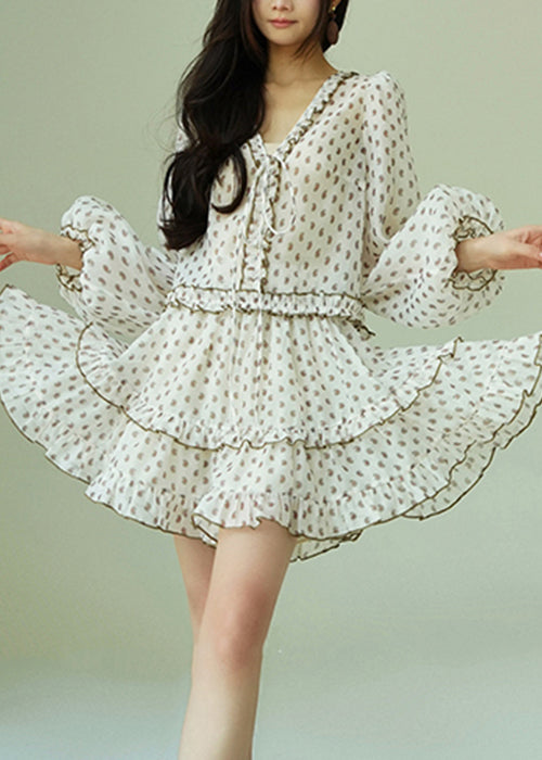 Elegant White Ruffled Print Shirts And Skirts Chiffon Two Piece Set Spring