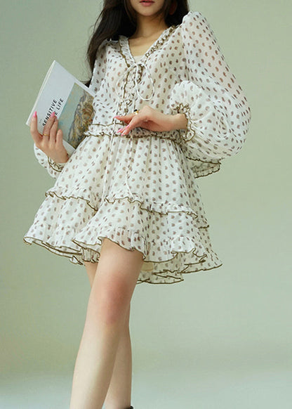 Elegant White Ruffled Print Shirts And Skirts Chiffon Two Piece Set Spring