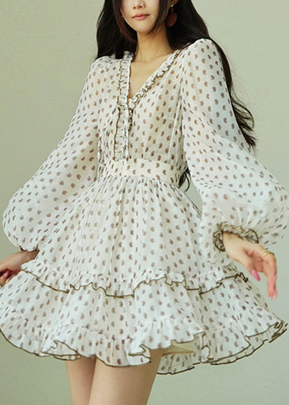 Elegant White Ruffled Print Shirts And Skirts Chiffon Two Piece Set Spring