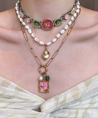Elegant White Shell Floral Layering Alloy Three Piece Set Pendant Necklace