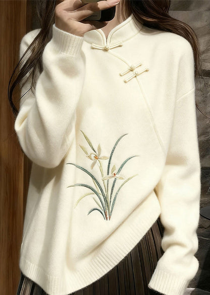 Elegant White Stand Collar Button Orchid Knit Sweaters Winter