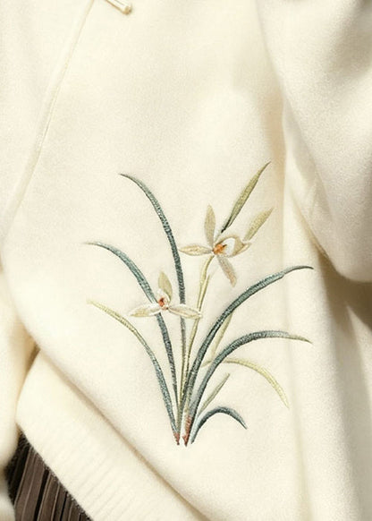 Elegant White Stand Collar Button Orchid Knit Sweaters Winter