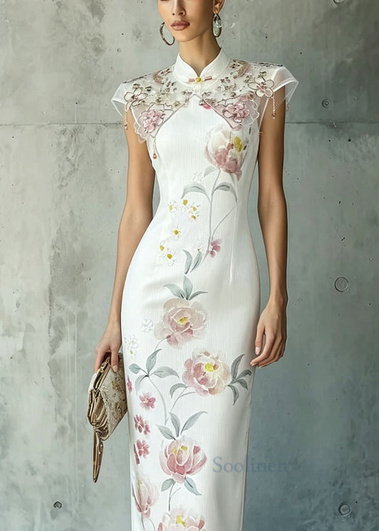 Elegant White Stand Collar Print Oriental Button Chiffon Dress Summer
