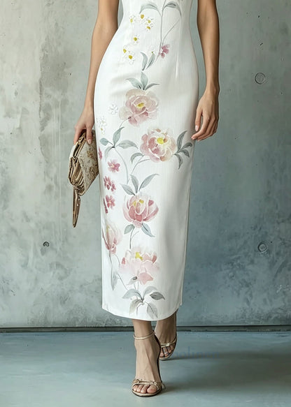 Elegant White Stand Collar Print Oriental Button Chiffon Dress Summer