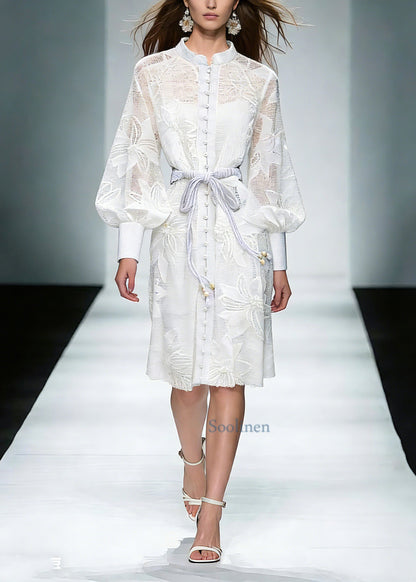 Elegant White Stand Collar Tie Waist Maxi Shirts Dresses Lantern Sleeve