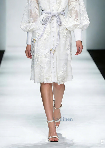 Elegant White Stand Collar Tie Waist Maxi Shirts Dresses Lantern Sleeve