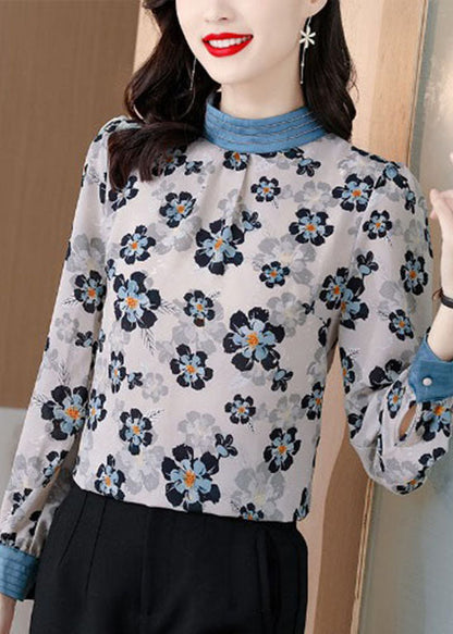 Elegante Weiße Stehkragen print Patchwork Chiffon Bluse Tops Frühling