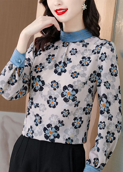 Elegante Weiße Stehkragen print Patchwork Chiffon Bluse Tops Frühling