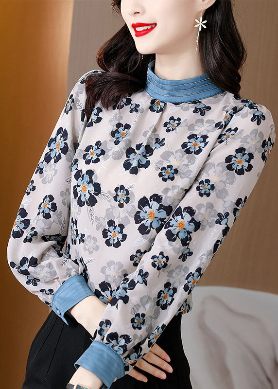 Elegante Weiße Stehkragen print Patchwork Chiffon Bluse Tops Frühling
