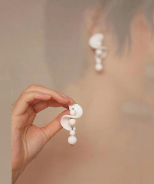 Elegant White Stelring Silver Beading Tassel Drop Earrings