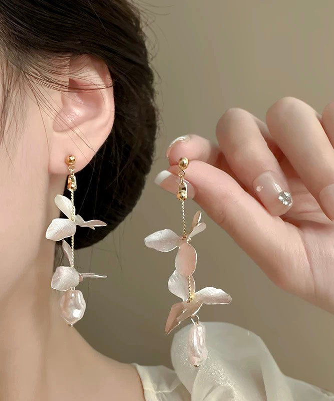 Elegant White Stelring Silver Overgild Pealr Iris Drop Earrings