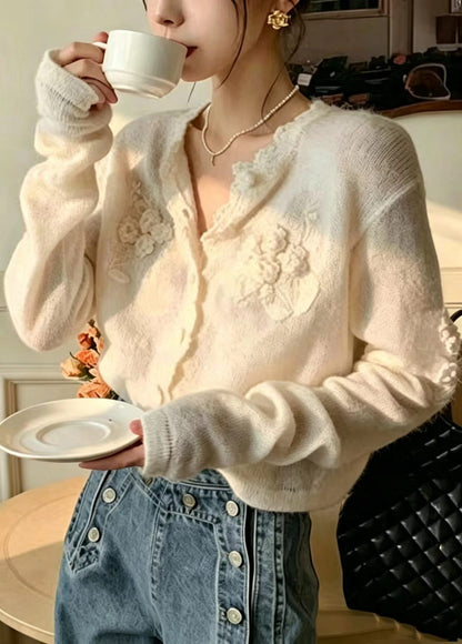 Elegant White Stereoscopic Floral Knit Cardigan Fall