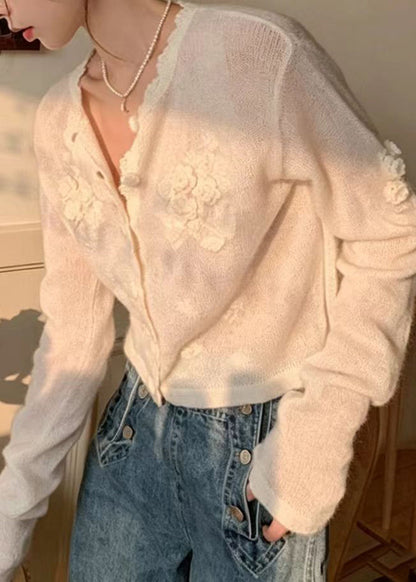 Elegant White Stereoscopic Floral Knit Cardigan Fall