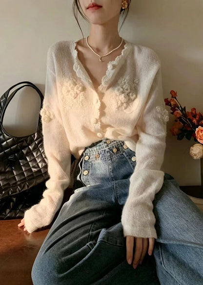 Elegant White Stereoscopic Floral Knit Cardigan Fall
