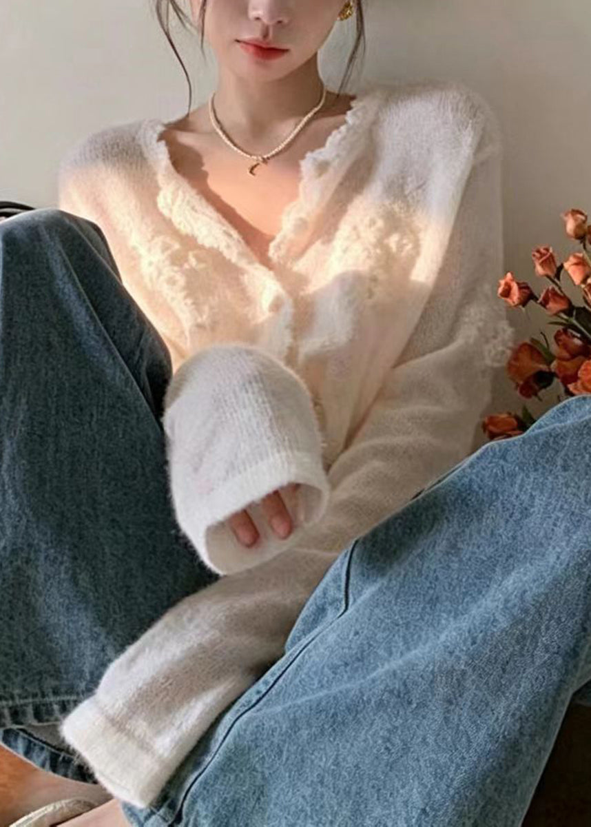 Elegant White Stereoscopic Floral Knit Cardigan Fall