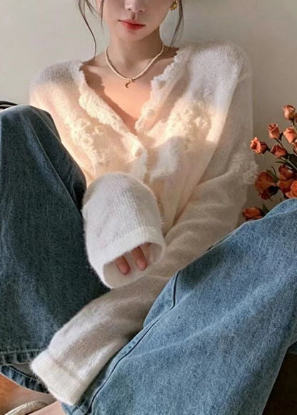 Elegant White Stereoscopic Floral Knit Cardigan Fall