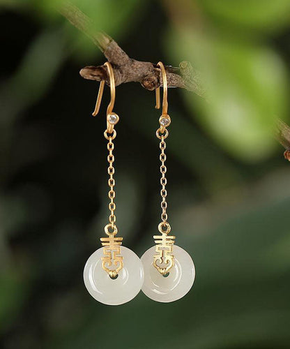 Elegante weiße Sterling Silber antike Gold Jade Zirkon Ping Schnalle Tropfen Ohrringe